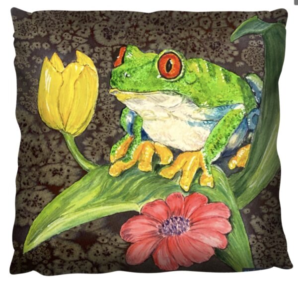 Cushion with tree frog and tulip