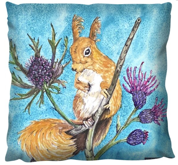 Squirrel on a thistle artwork on cushion