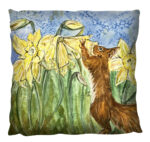 Daffodils and red squirrel on a cushiom