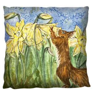 Daffodils and red squirrel on a cushiom