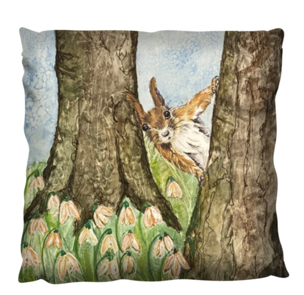 Snowdrops and Red squirrel on a cushion