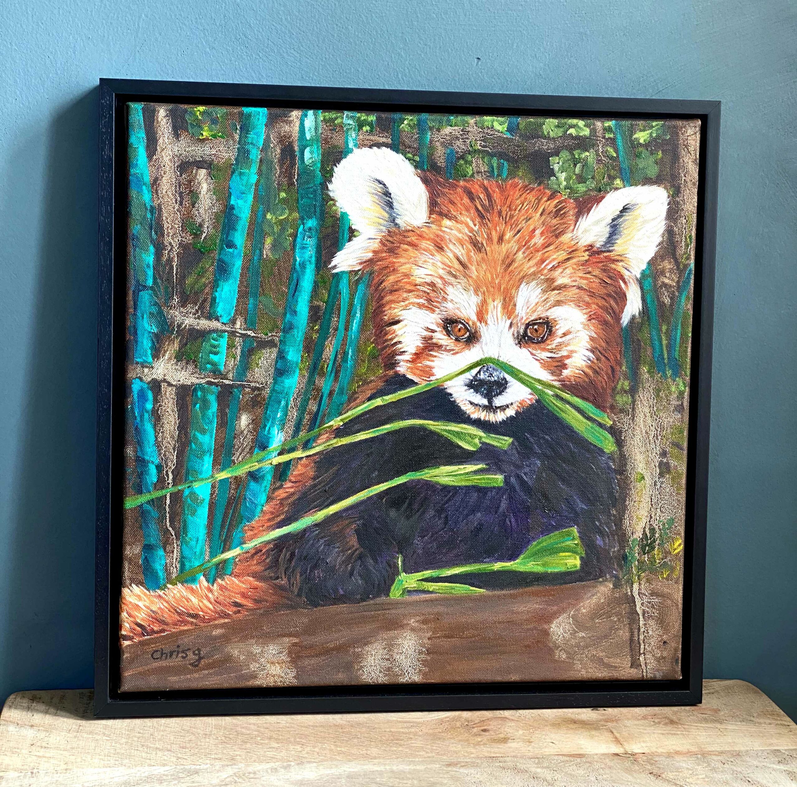 Original oil painting in a black floating frame. Red panda 