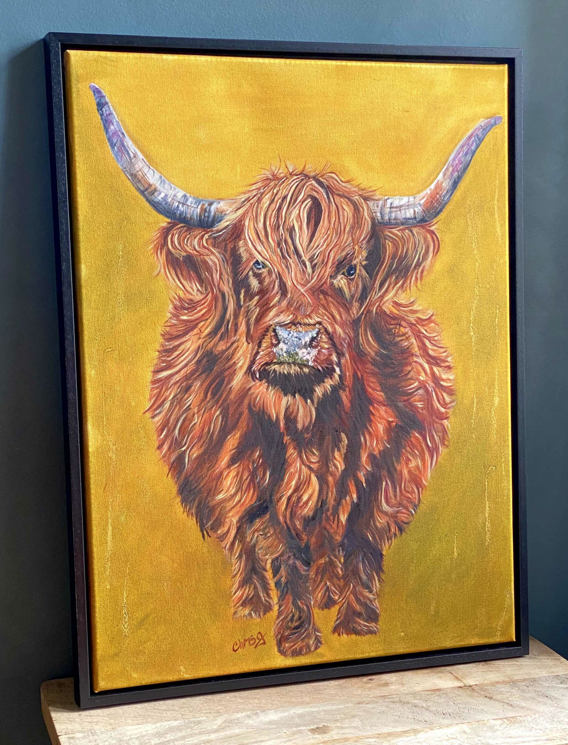 Harriet is a big highland cow full cow in oils rust to brown the background in a bold bright mustard colour