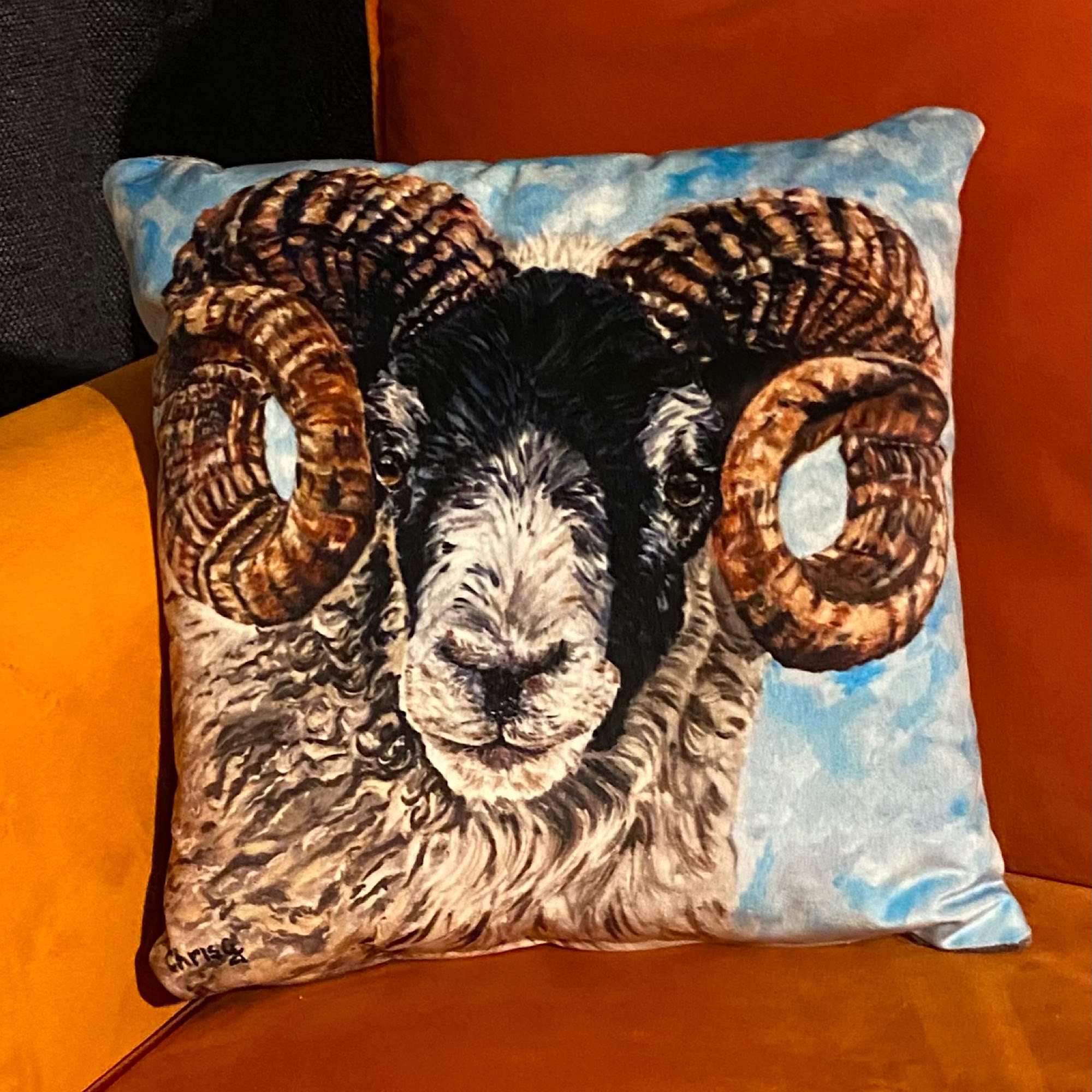 Peebles black faced sheep on a soft velvet cushion 