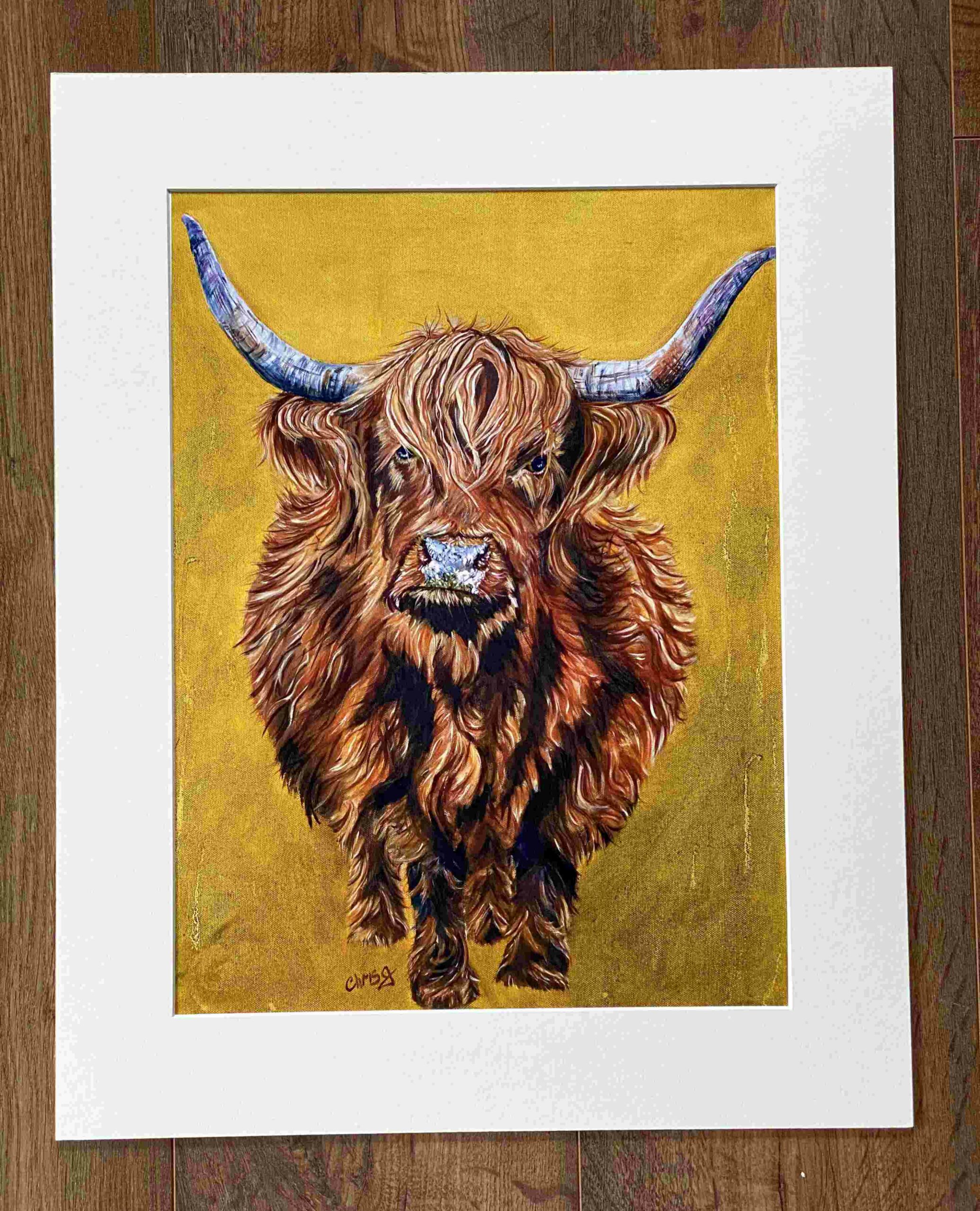 A print from the original artwork.Brown Highland cow full body on a mustard yellow background