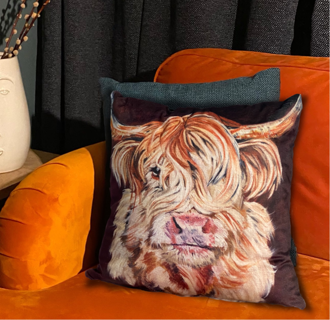 Blonde Highland Cow on a Brown Soft Velvet Cushion 