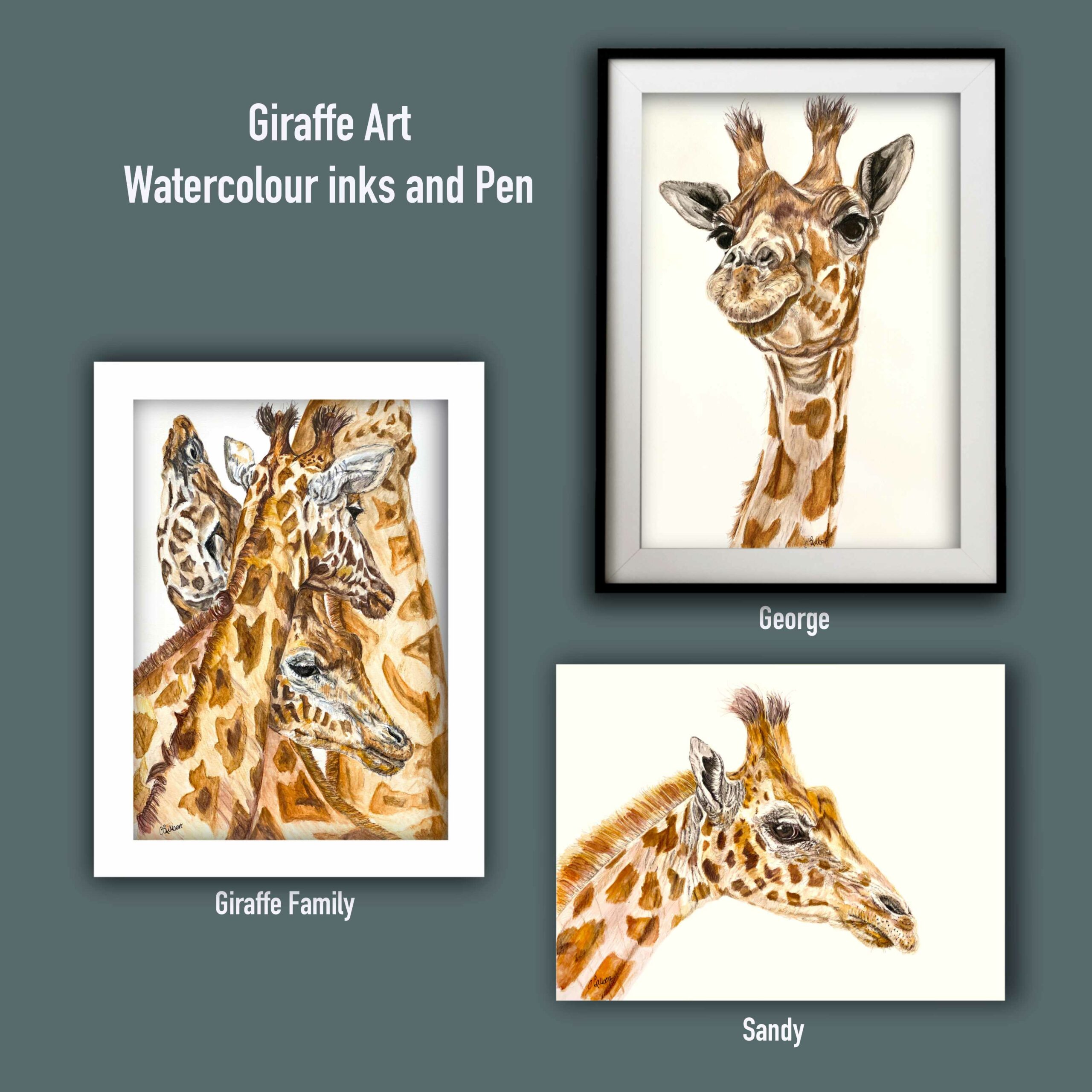 3 pieces of artwork 
George giraffe, Sandy Giraffe and family of 4 giraffe