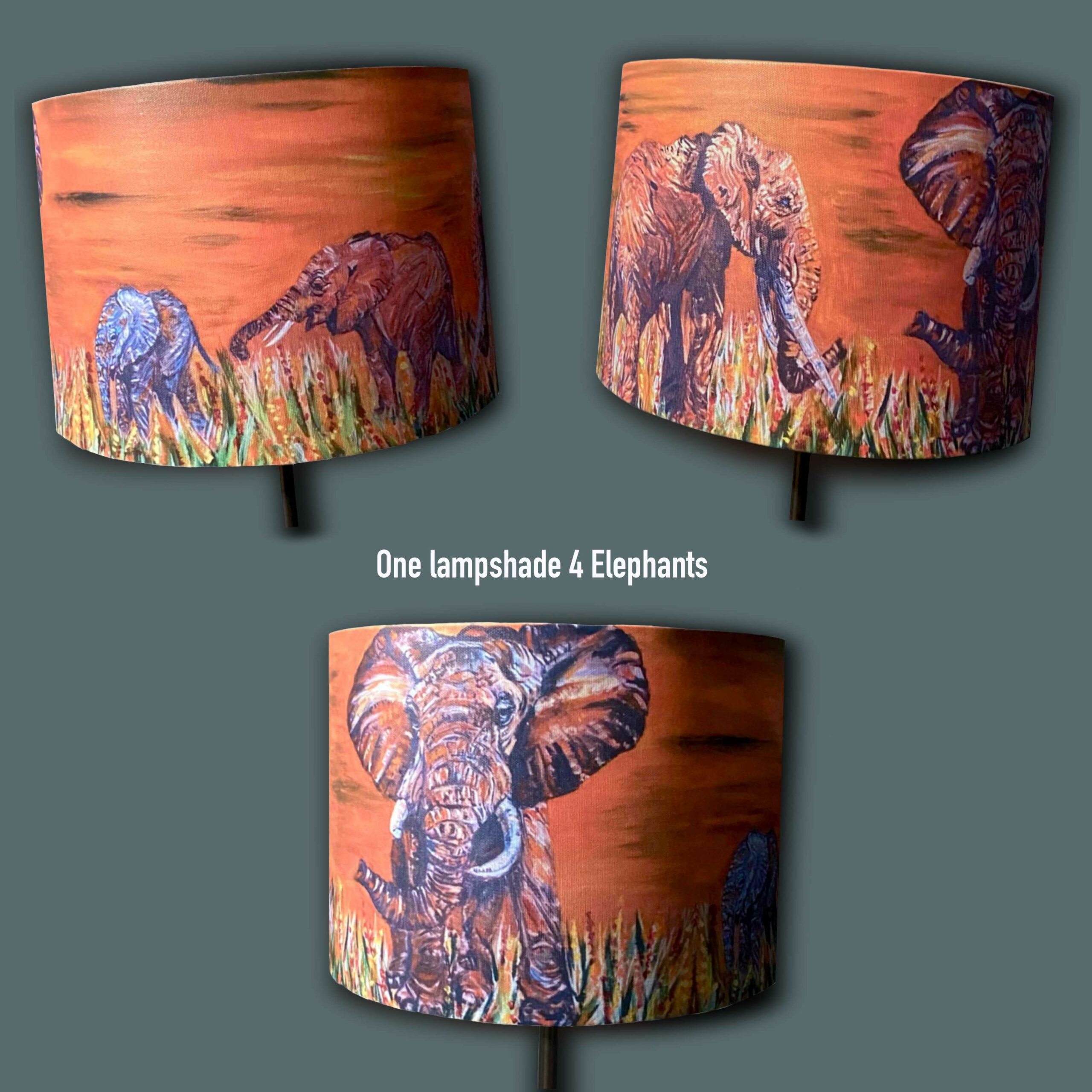 Family of 4 elephants printed around a drum lampshade. African scene orange background