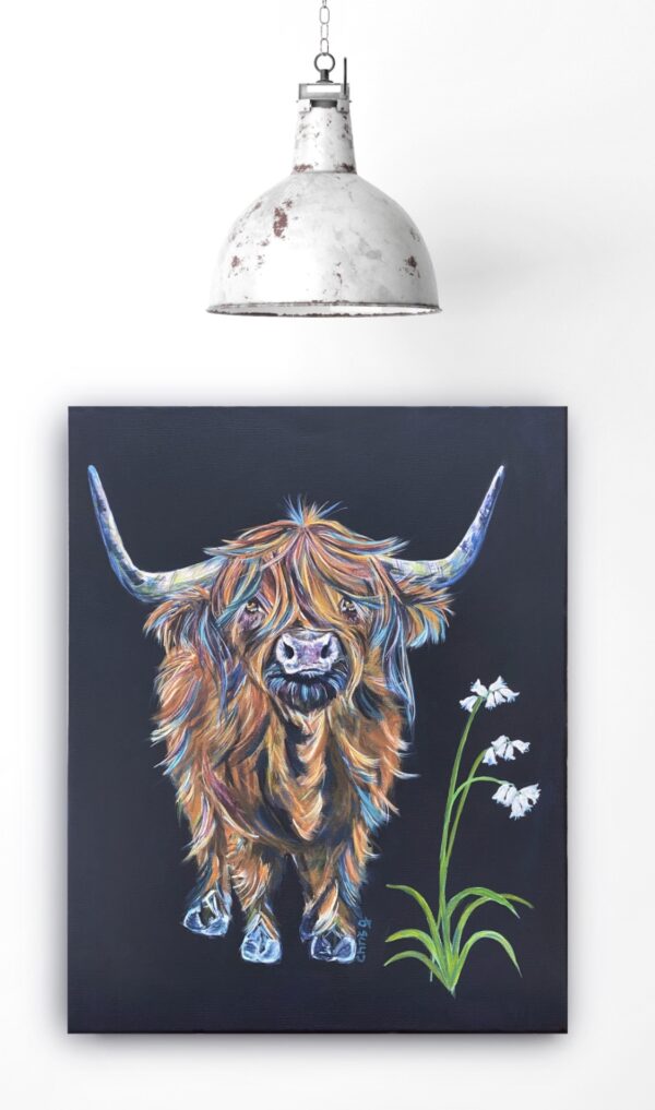 Highland Cow Painting-White Bluebell - Image 3