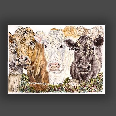 Unmounted print of cows along the hedge