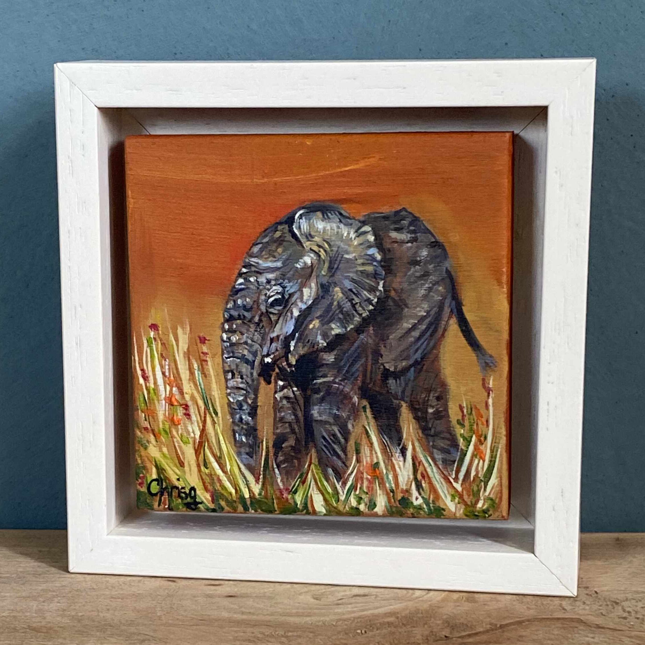 Tiny oil painting of a baby elephant called bluebell