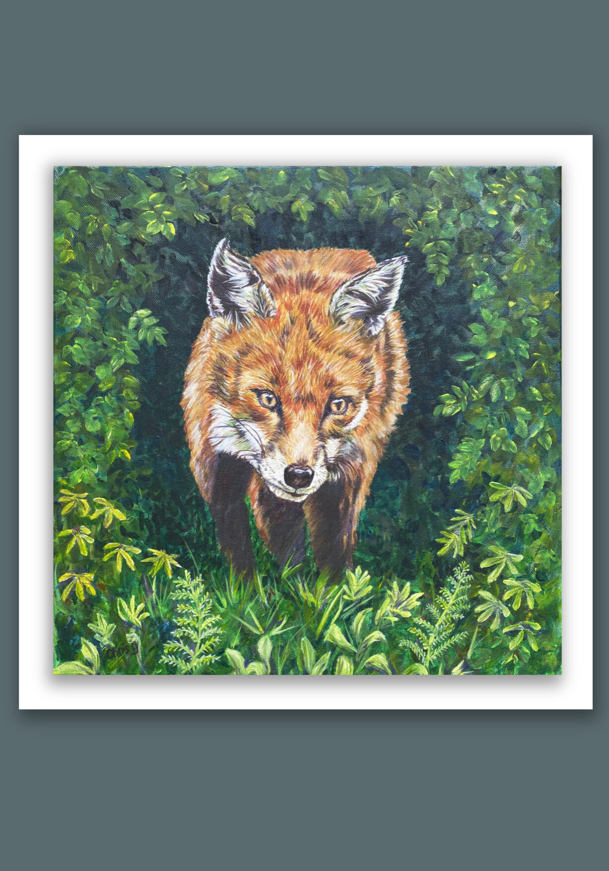 Fox painted in acrylics on a deep green leafy background