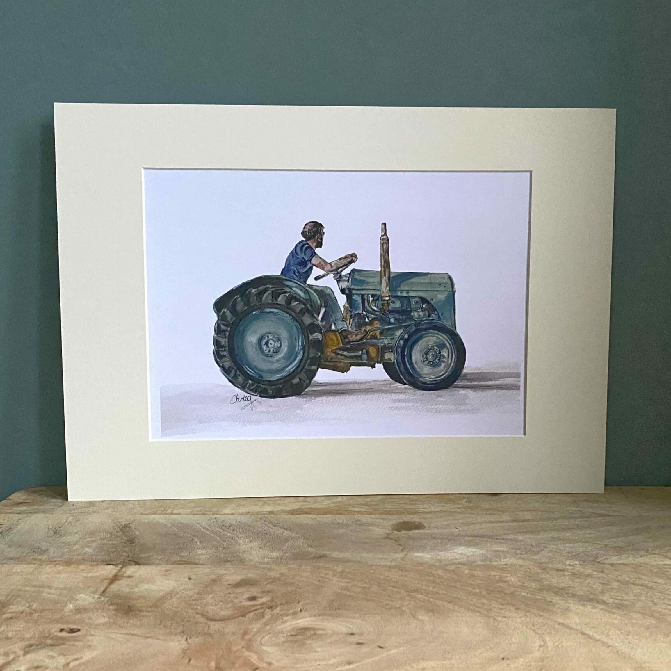 Vintage tractor art print Massey Ferguson is teal green colour