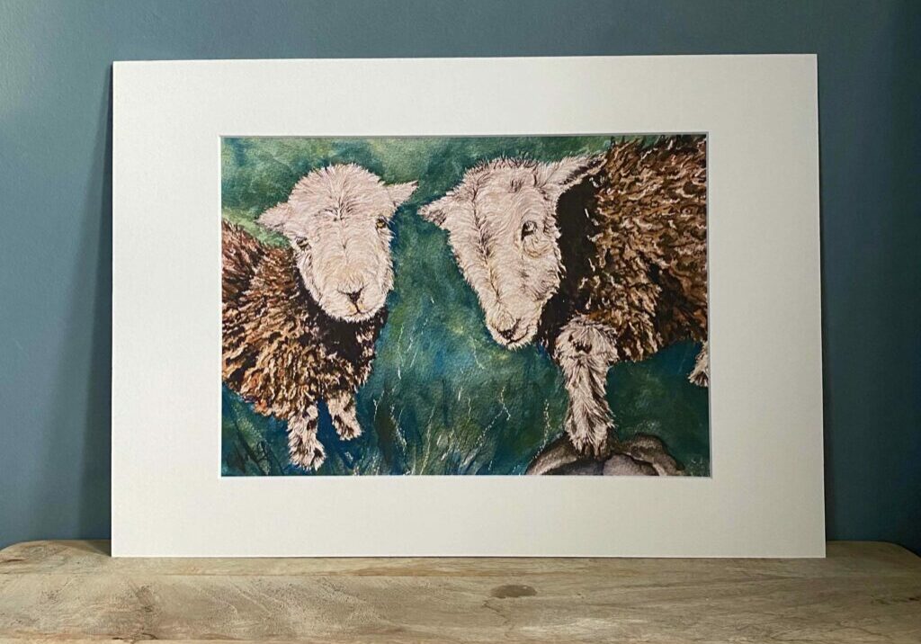 Herdwick sheep on a teal green background. Named Loch and Lake