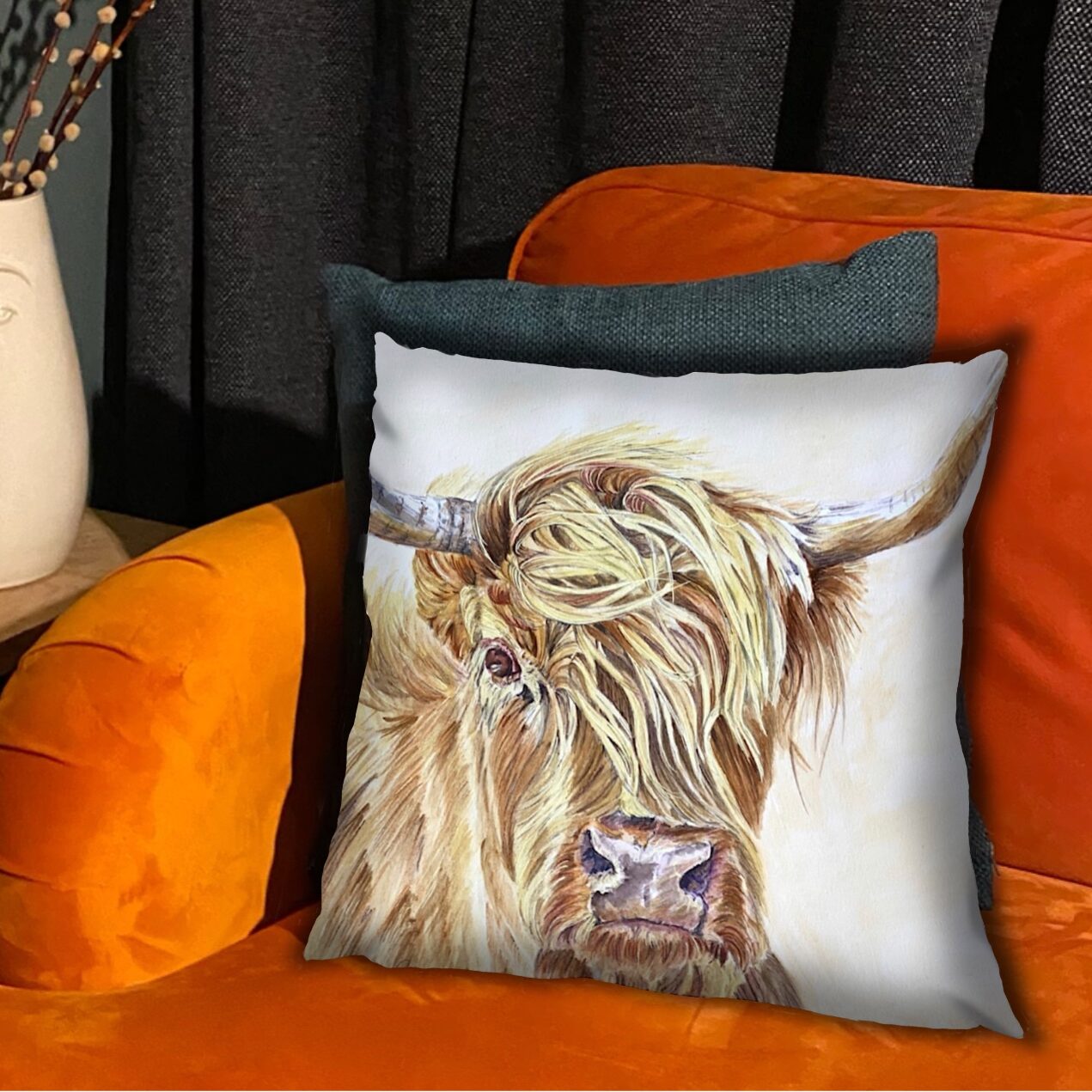 Blonde highland cow on a white background printed onto a velvet cushion