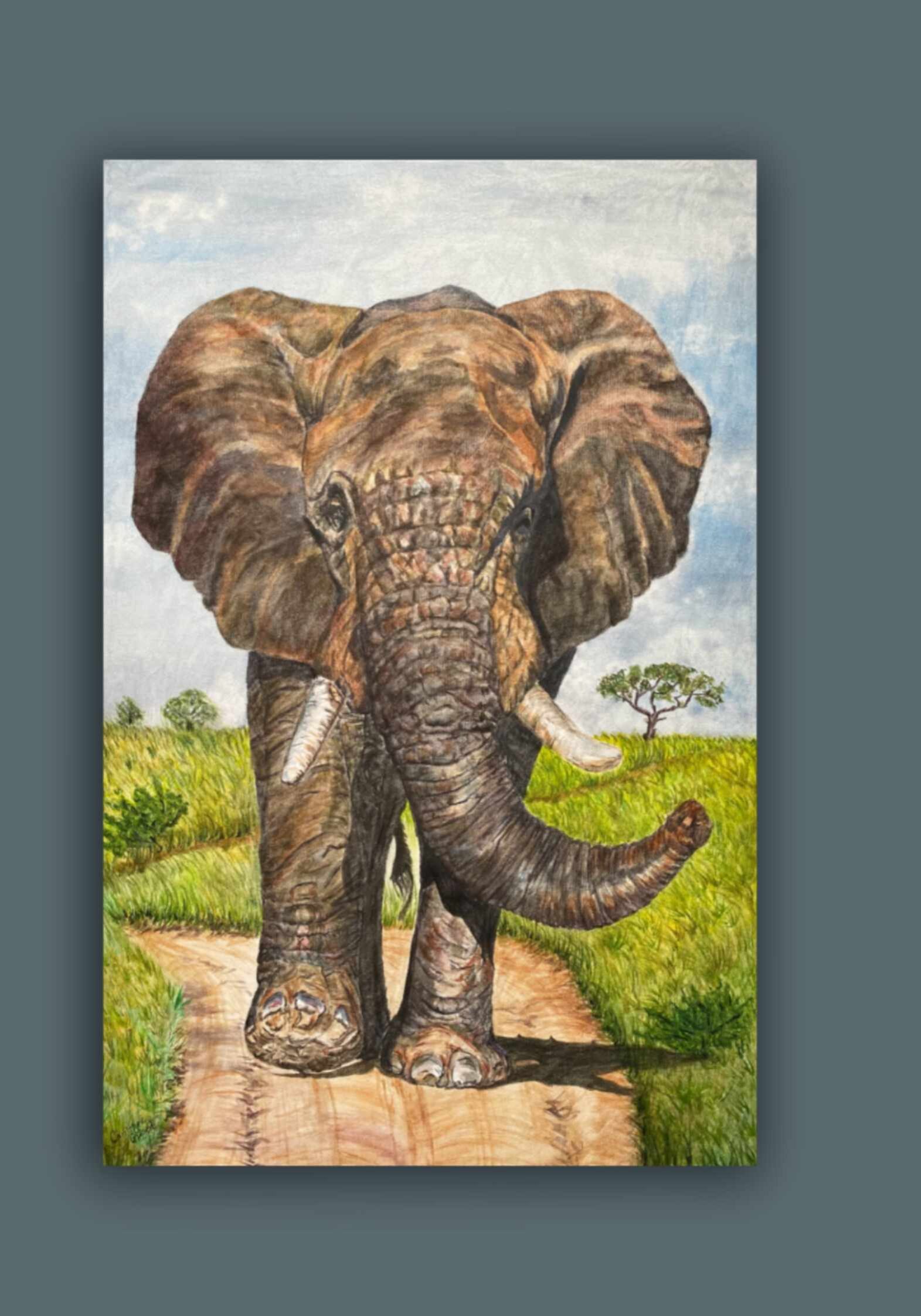Full elephant artwork on a stroll down a dusty road