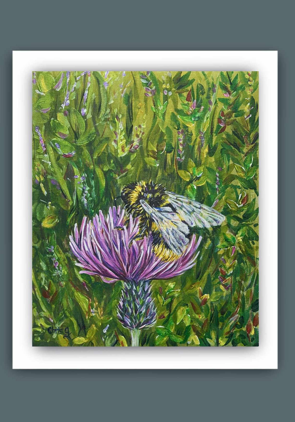 Original acrylic artwork of a bee on a thistle with  green background