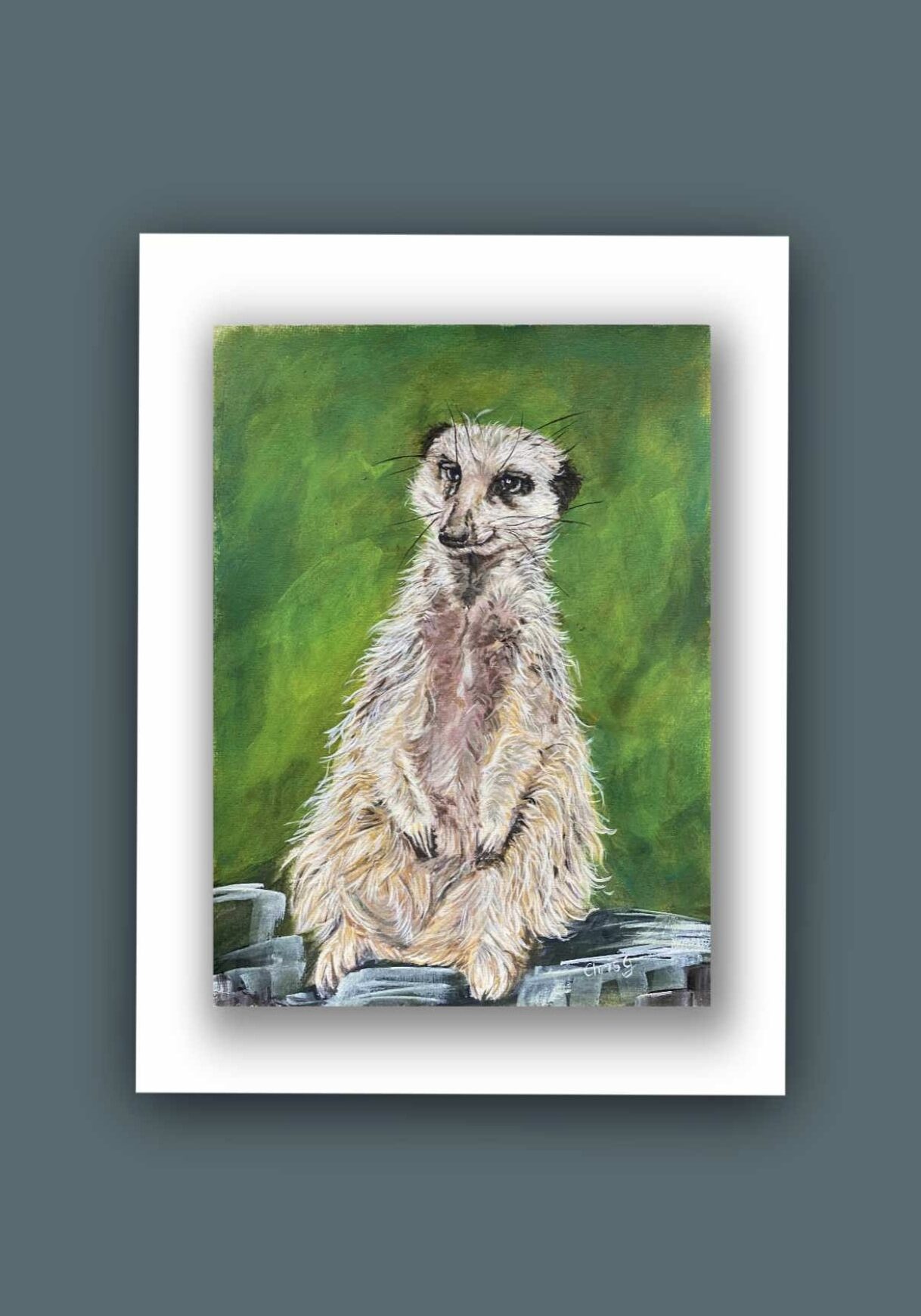 Original painting of a Meerkat called “Mitch” painted with acrylics sat up right on rocks with an emerald background 