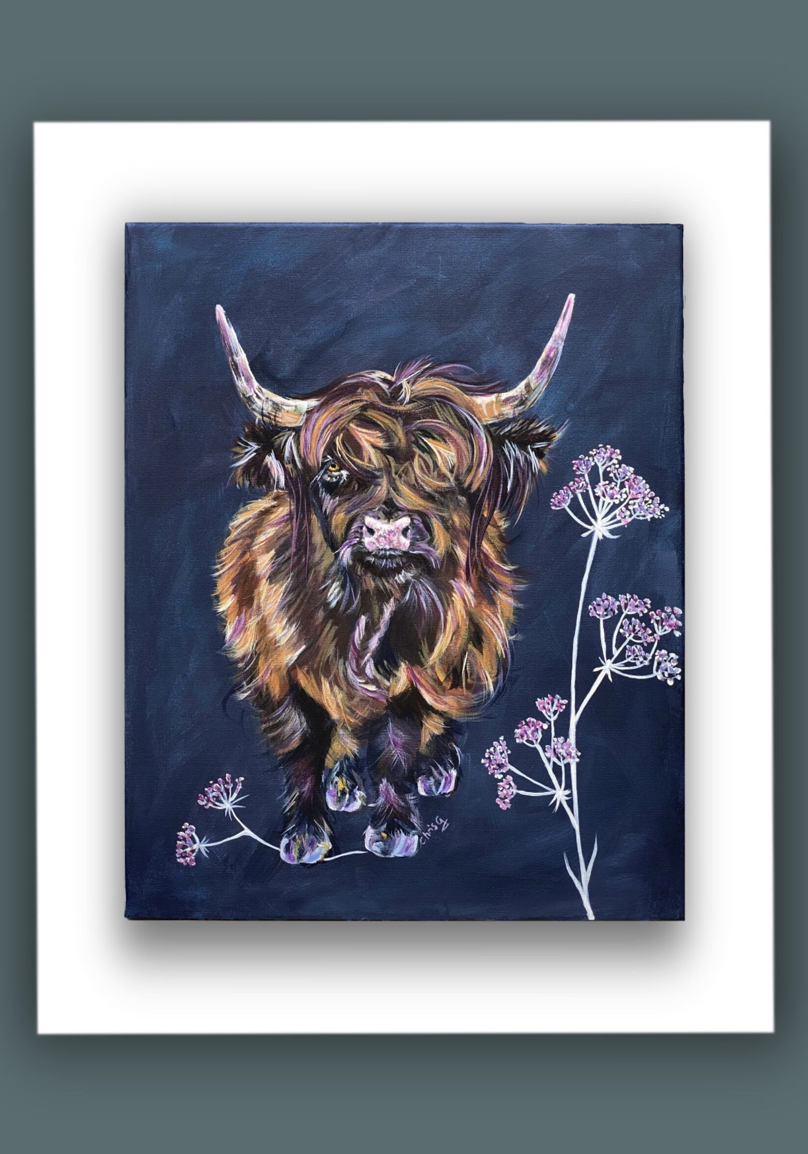 Pink Parsley Highland Cow Painting