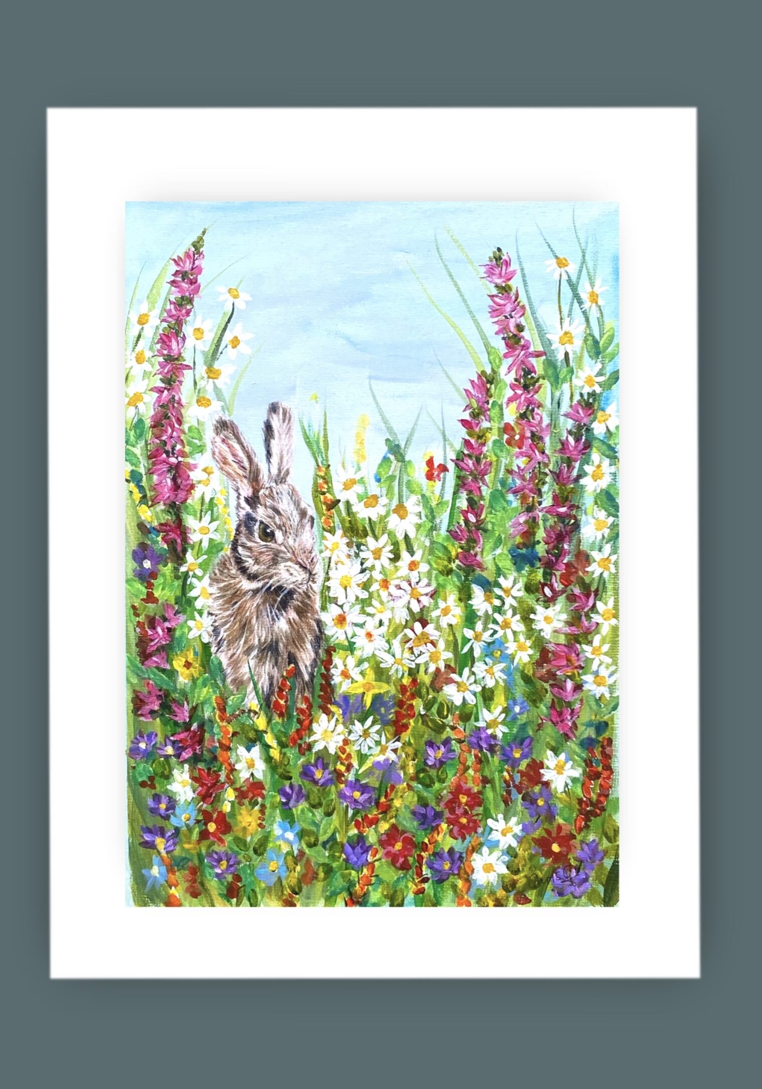 A rabbit sat in a meadow of flowers bright and cheerful art in acrylic paint.
