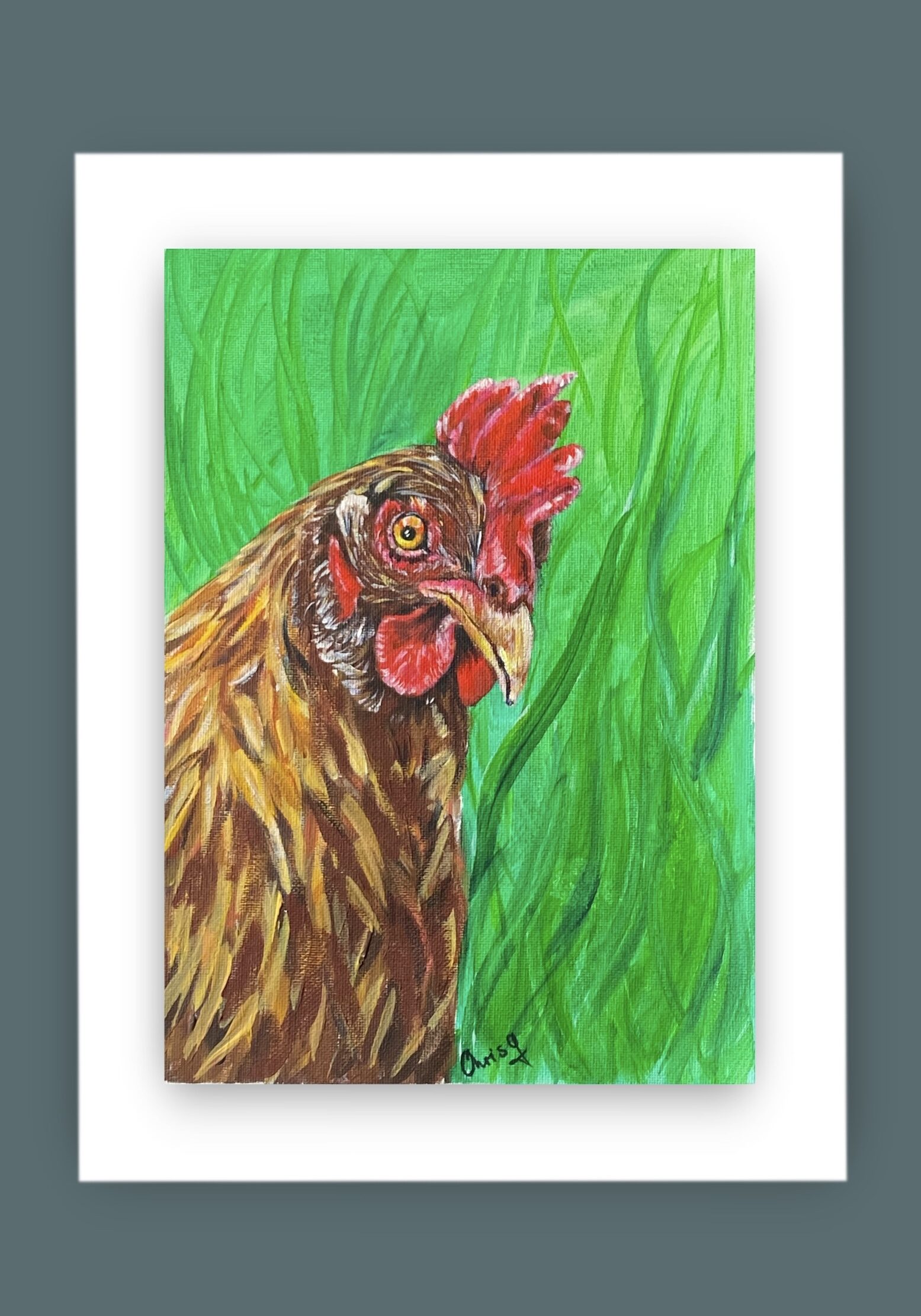 Bright and cheerful Portrait of a Cockeral on a green cbackground