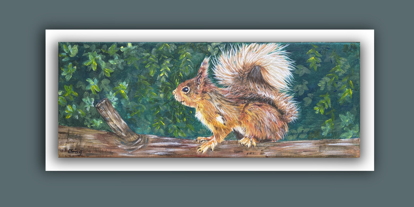 Red Squirrel on a log side view. Painted on canvas in acrylics. Dark green leafy background 