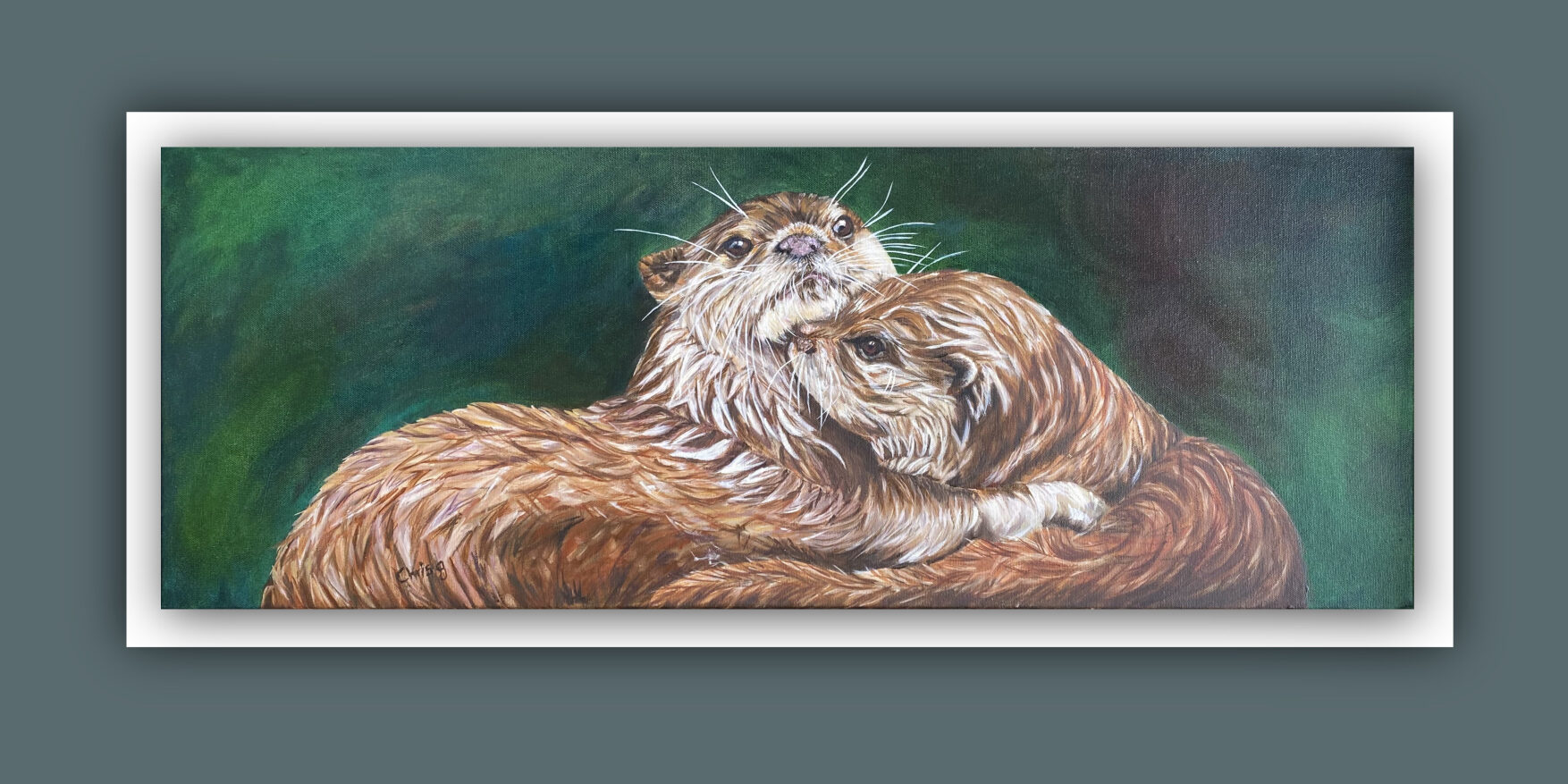 Oil painting of two otters hugging . On a dark green background
